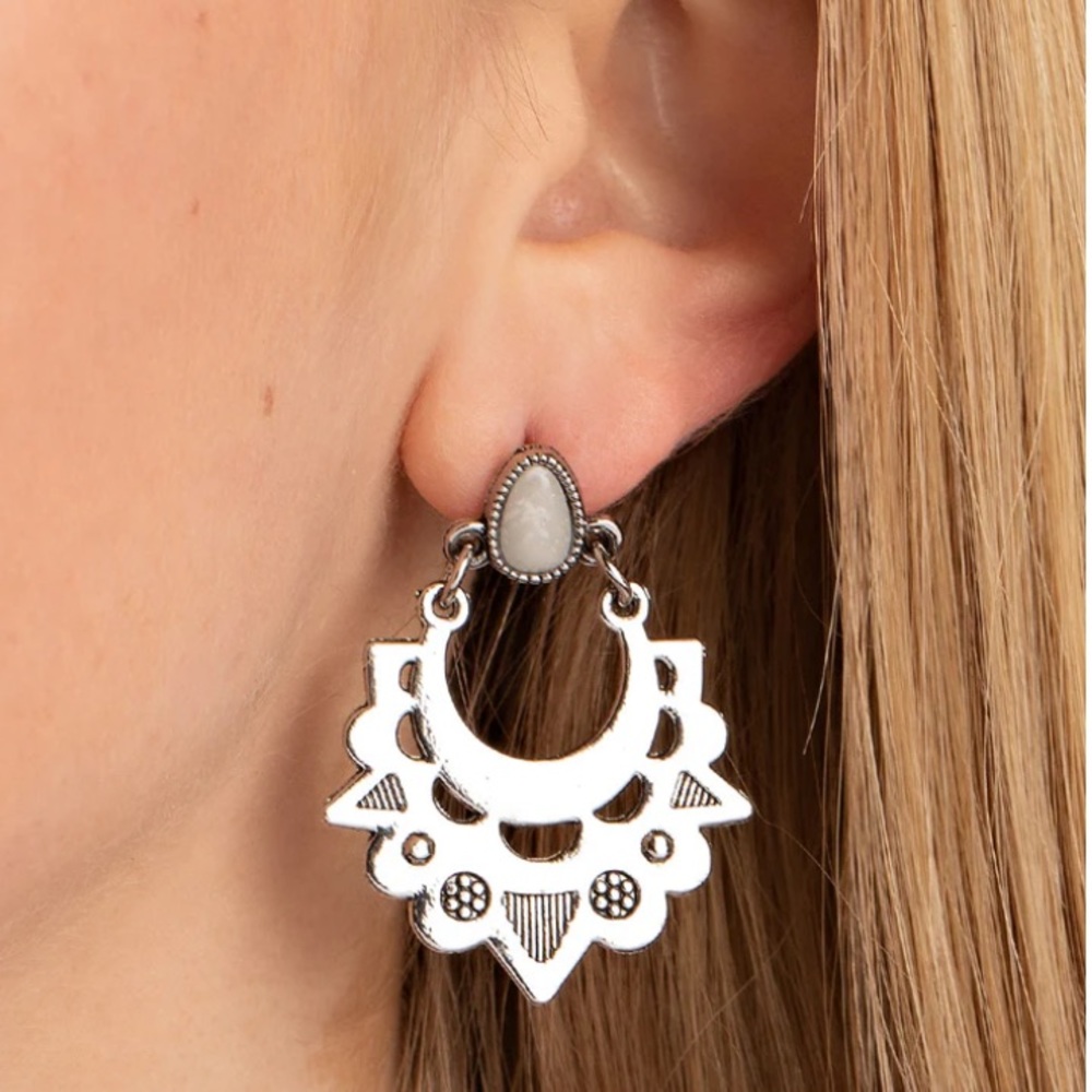 Silver White Stone Post Back Earrings